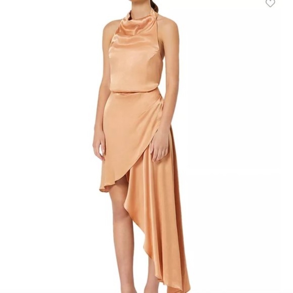 Elliatt Gold Halter Tiered Asymmetric Midi Cocktail Dress Satin Size Small New - Picture 2 of 14